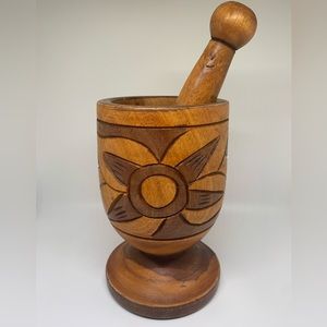 Vintage Hand Carved Wood Footed Mortar and Pestle Set!